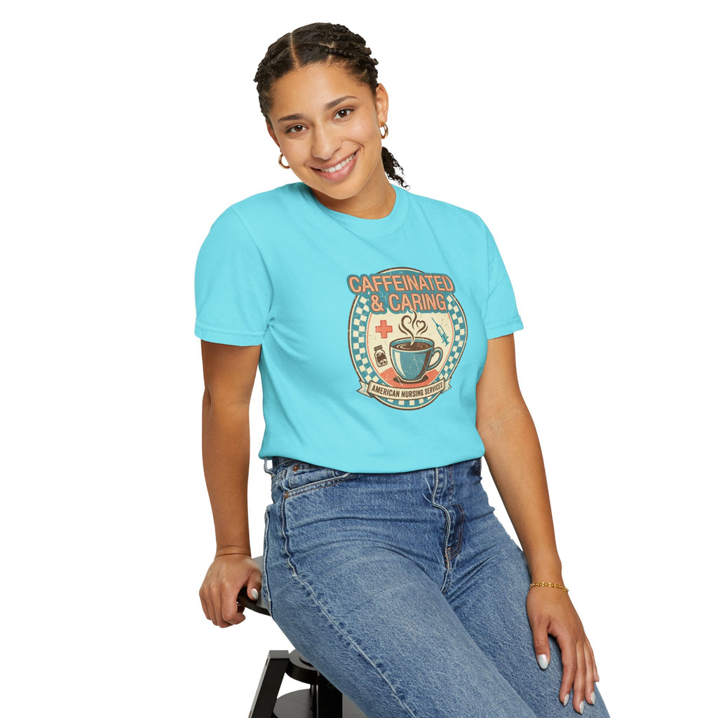 Caffeinated & Caring Nurse T‑Shirt — Retro Coffee Nursing Tee