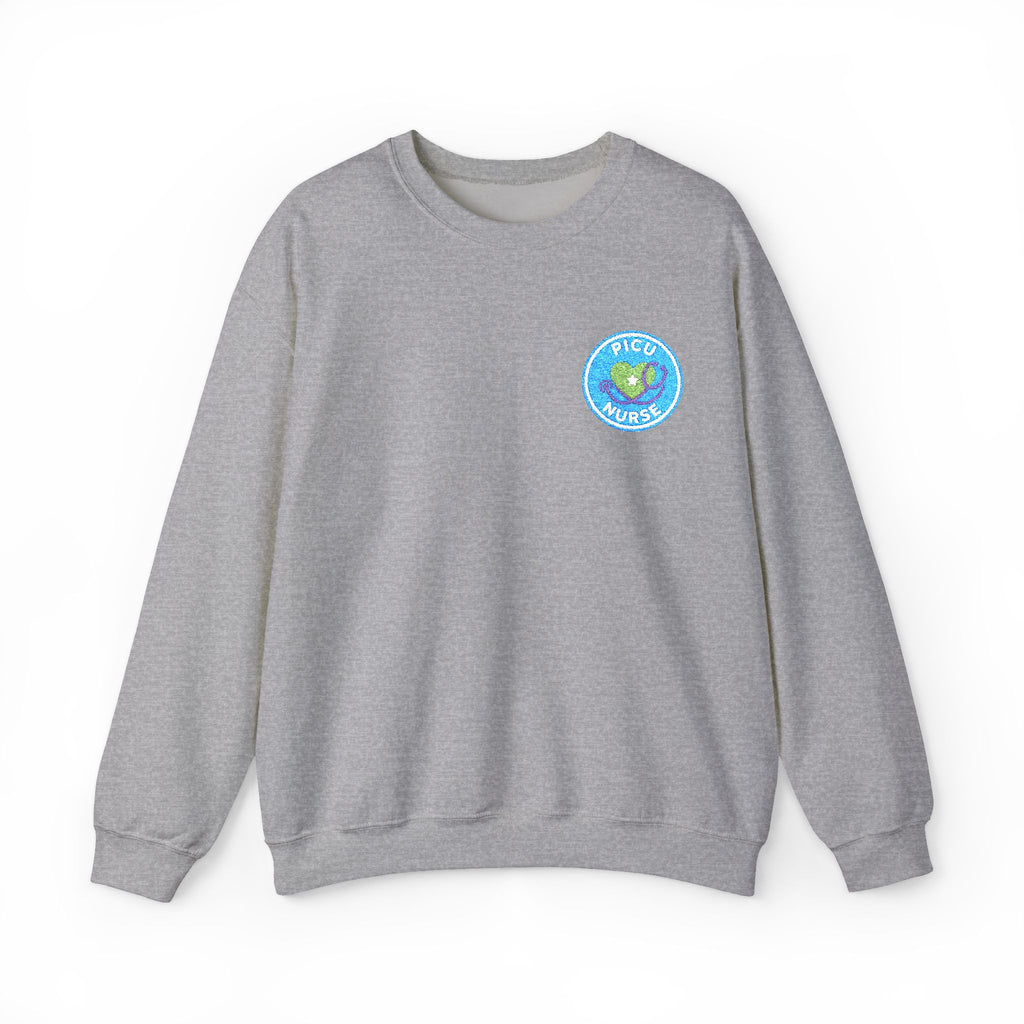 PICU Nurse Embroidered Circular Badge with Heart Stethoscope Unisex Heavy Blend™ Crewneck Sweatshirt