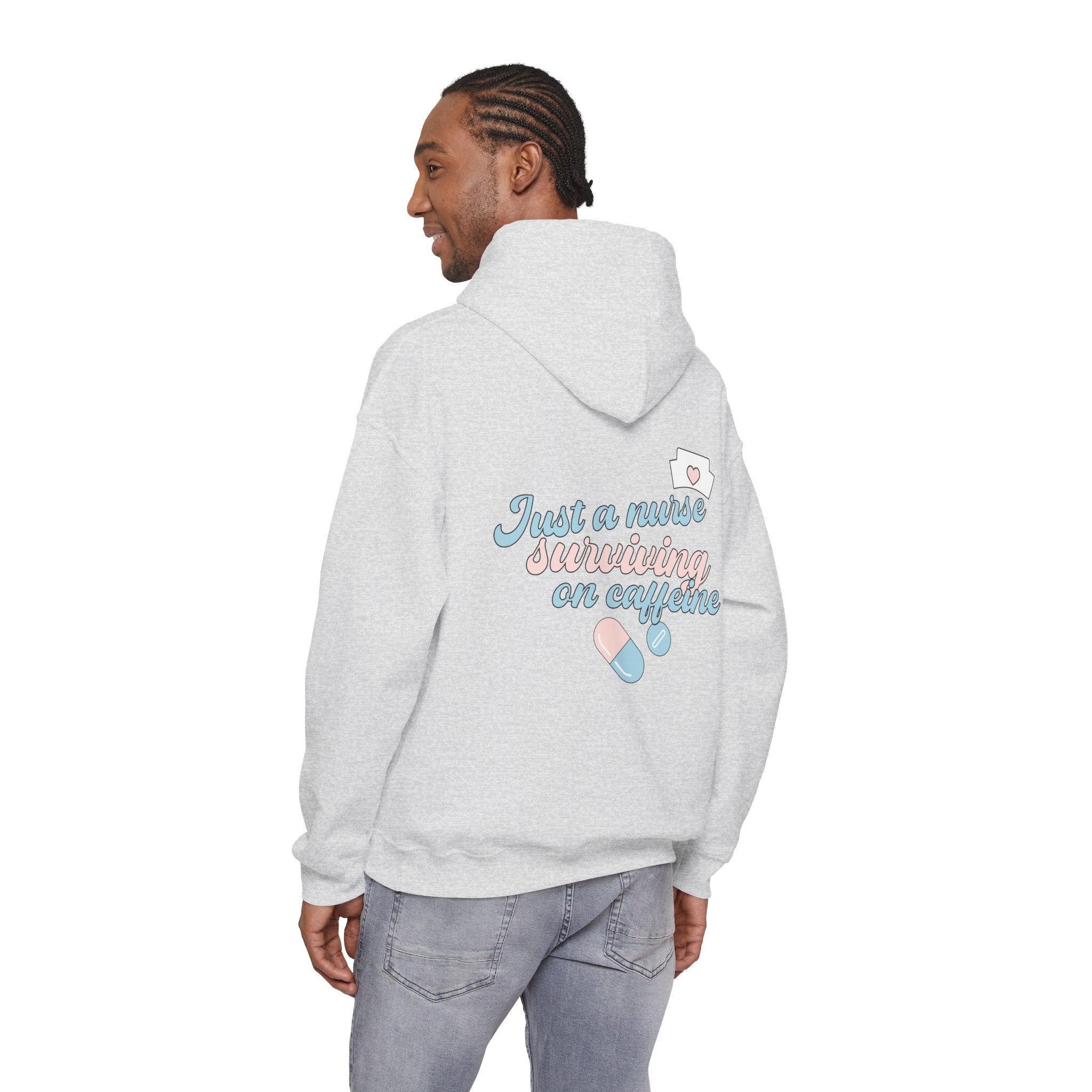 Nurse Hoodie — “Just a Nurse Surviving on Caffeine” Cute Medical Sweatshirt