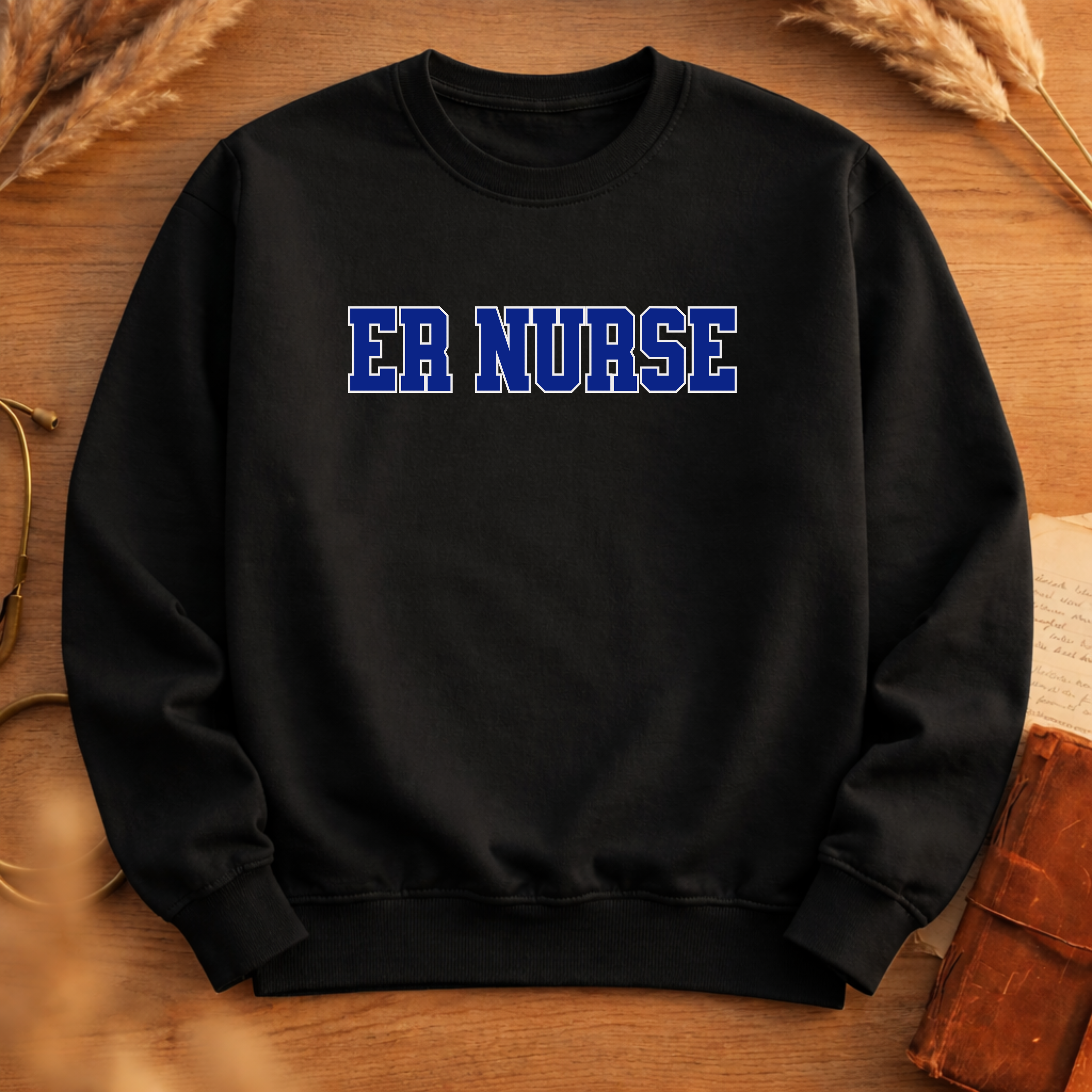 ER Nurse Collegiate Crewneck Sweatshirt — Emergency Nurse Blue & White Typography