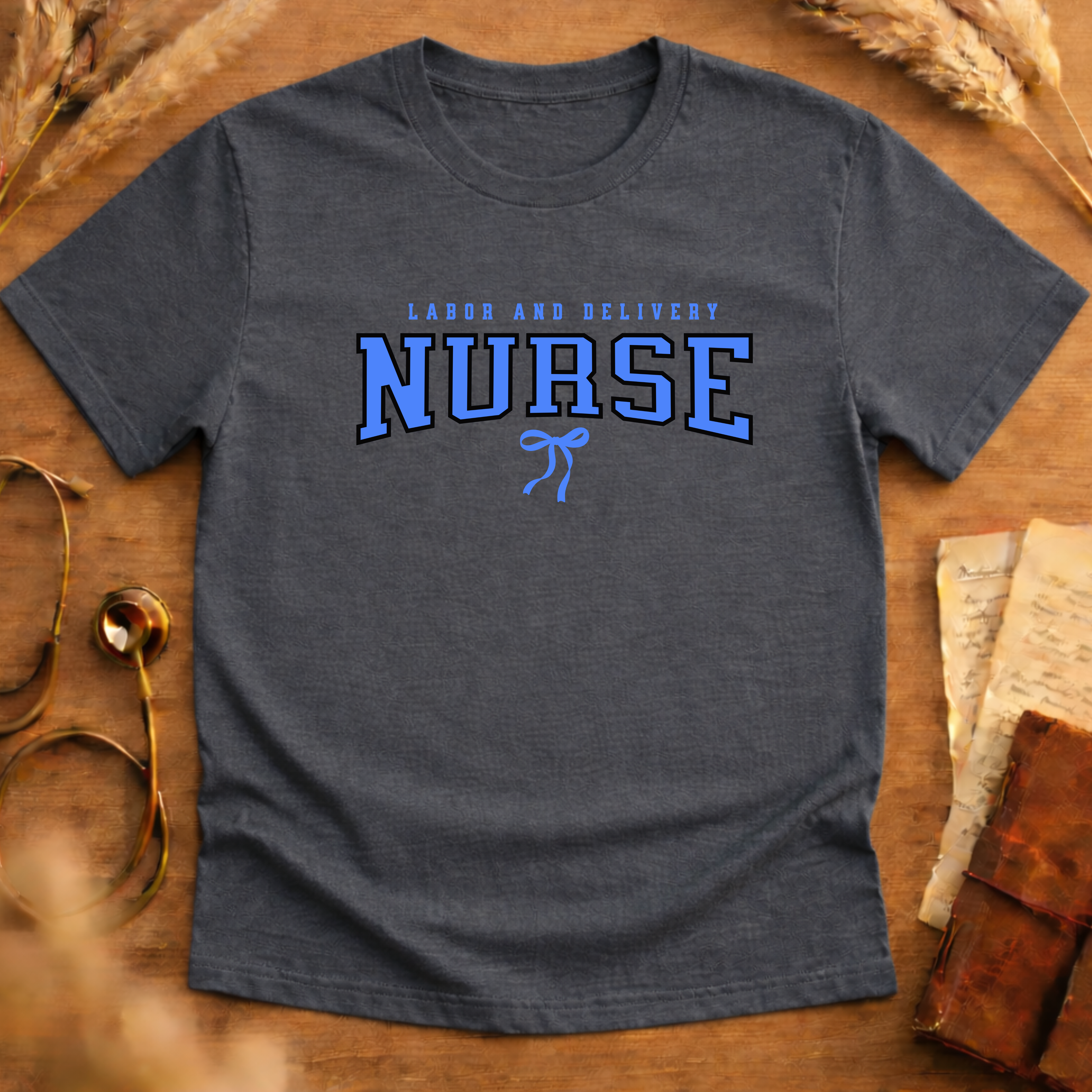 Labor and Delivery Blue Bow Graphic Tee Adult Softstyle T-Shirt