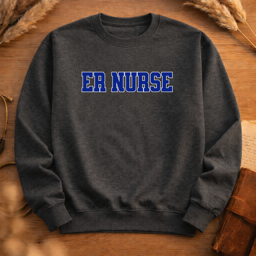 ER Nurse Collegiate Crewneck Sweatshirt — Emergency Nurse Blue & White Typography