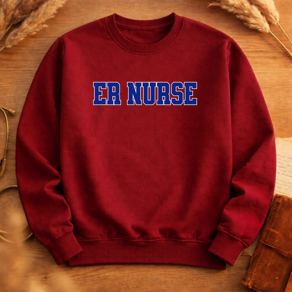ER Nurse Collegiate Crewneck Sweatshirt — Emergency Nurse Blue & White Typography