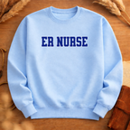 ER Nurse Collegiate Crewneck Sweatshirt — Emergency Nurse Blue & White Typography