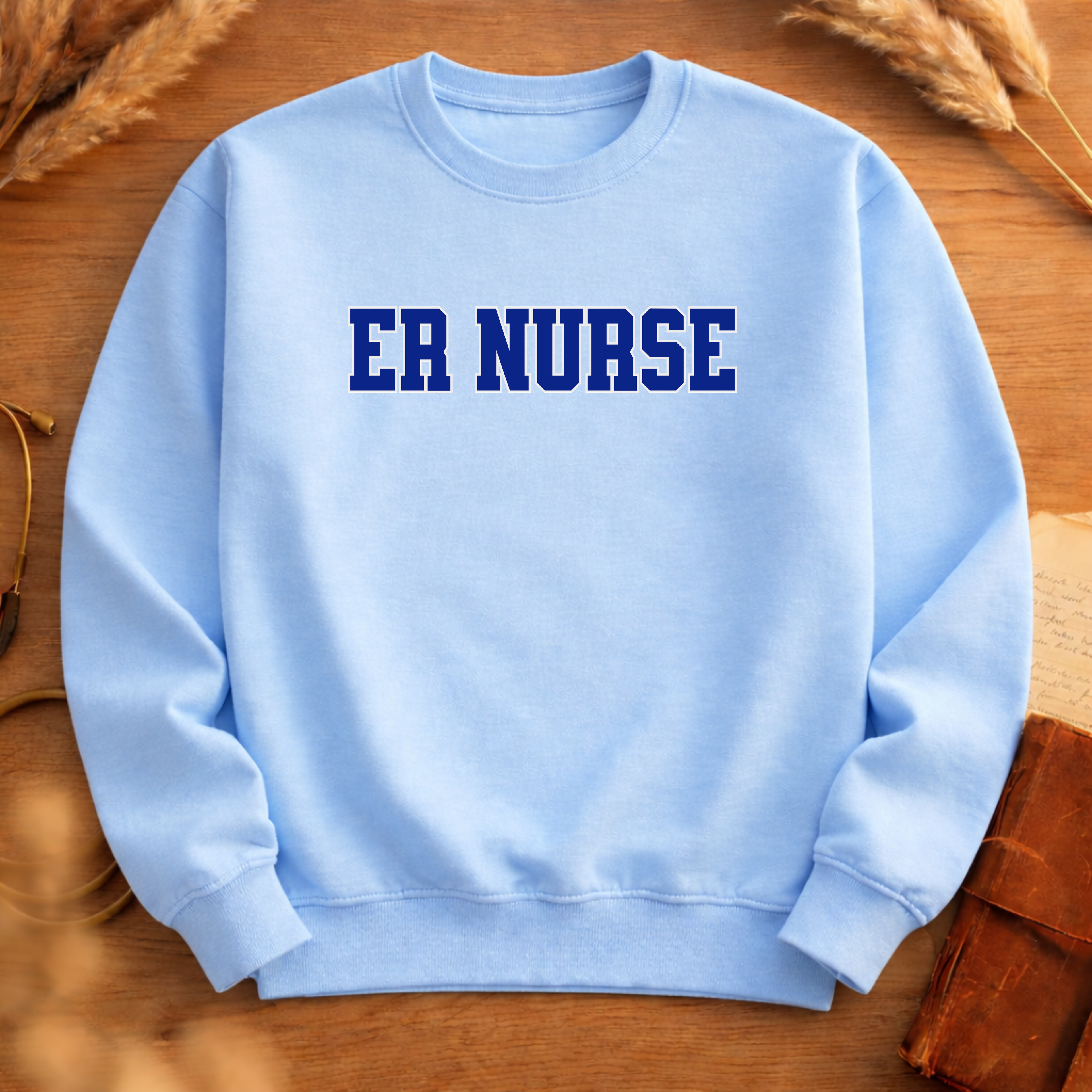 ER Nurse Collegiate Crewneck Sweatshirt — Emergency Nurse Blue & White Typography