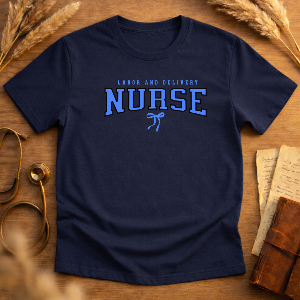 Labor and Delivery Blue Bow Graphic Tee Adult Softstyle T-Shirt