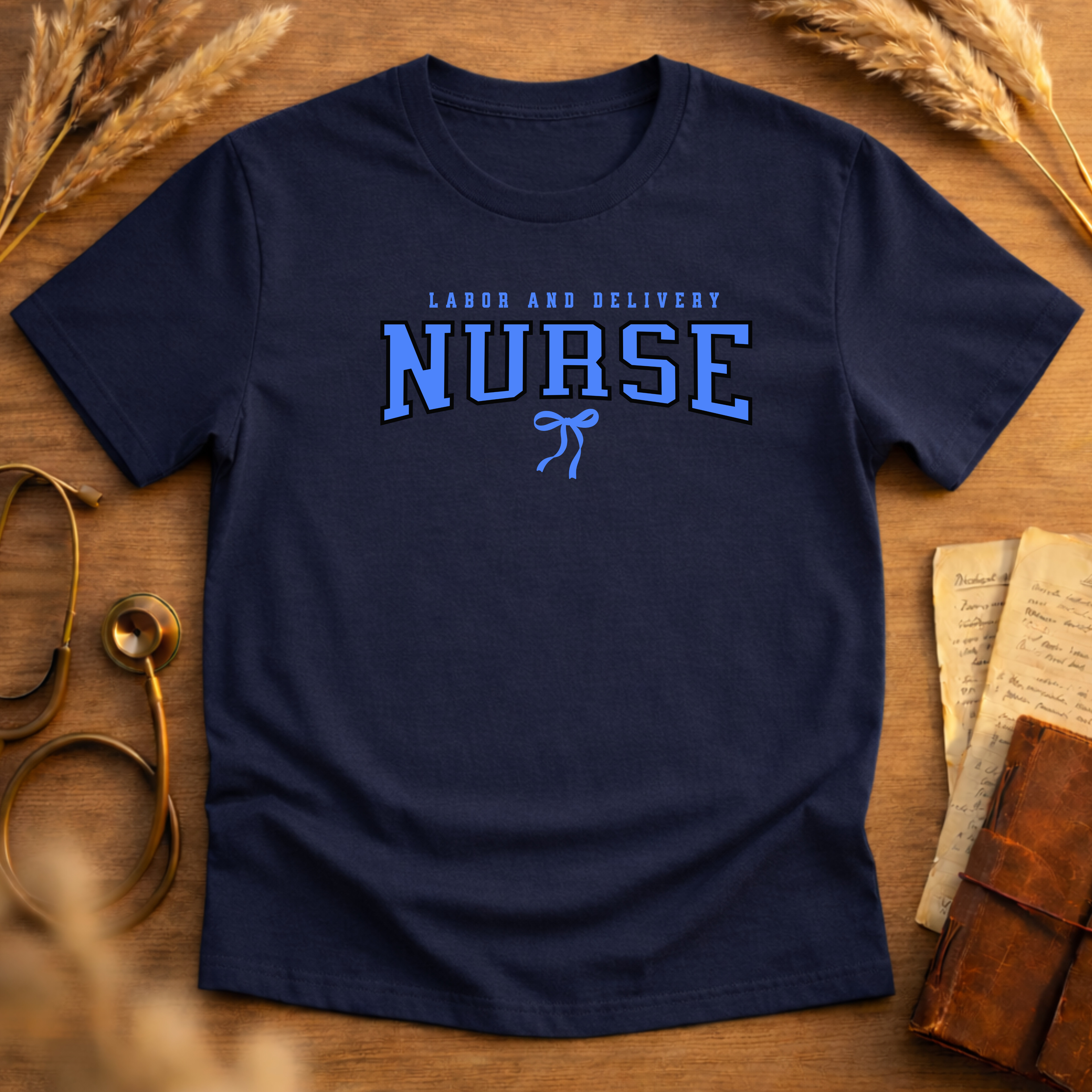 Labor and Delivery Blue Bow Graphic Tee Adult Softstyle T-Shirt