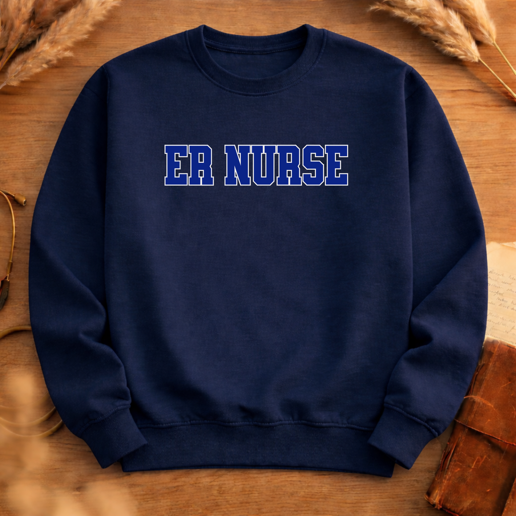 ER Nurse Collegiate Crewneck Sweatshirt — Emergency Nurse Blue & White Typography