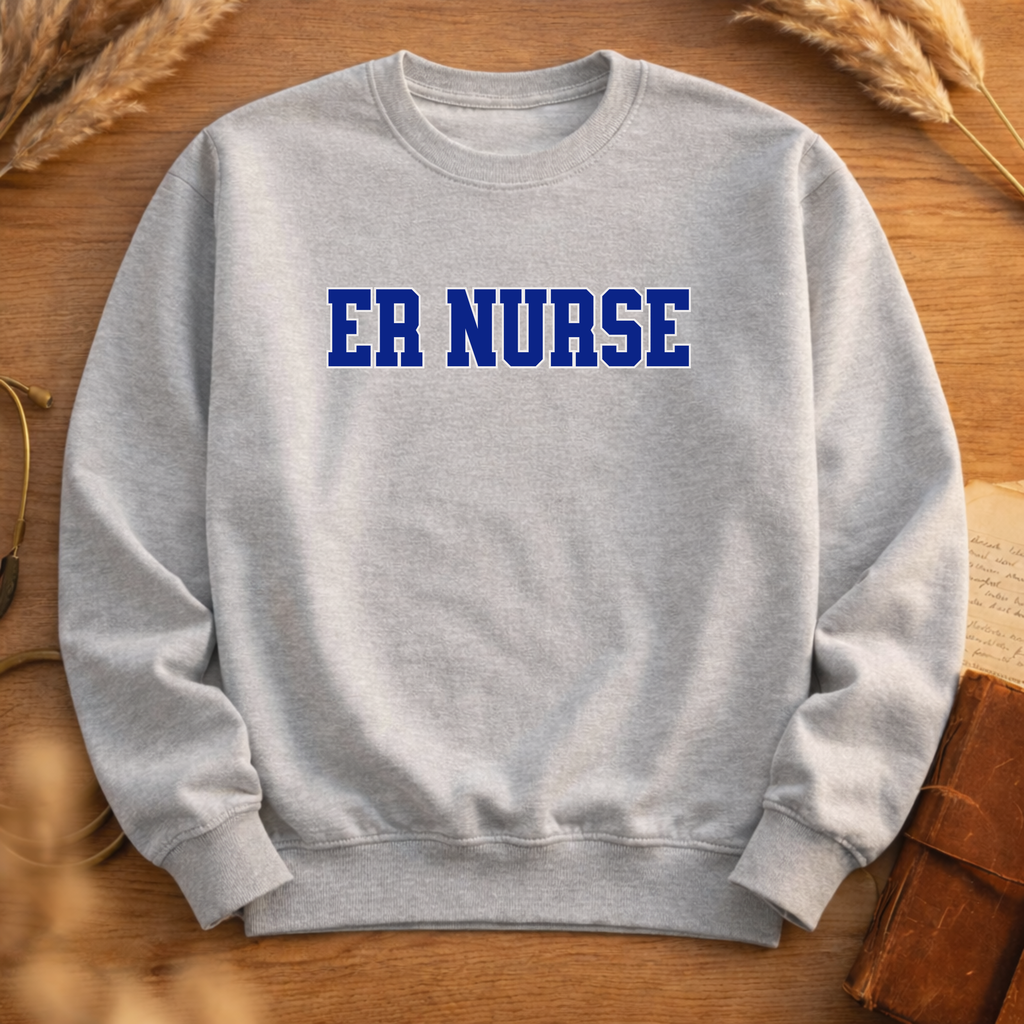 ER Nurse Collegiate Crewneck Sweatshirt — Emergency Nurse Blue & White Typography