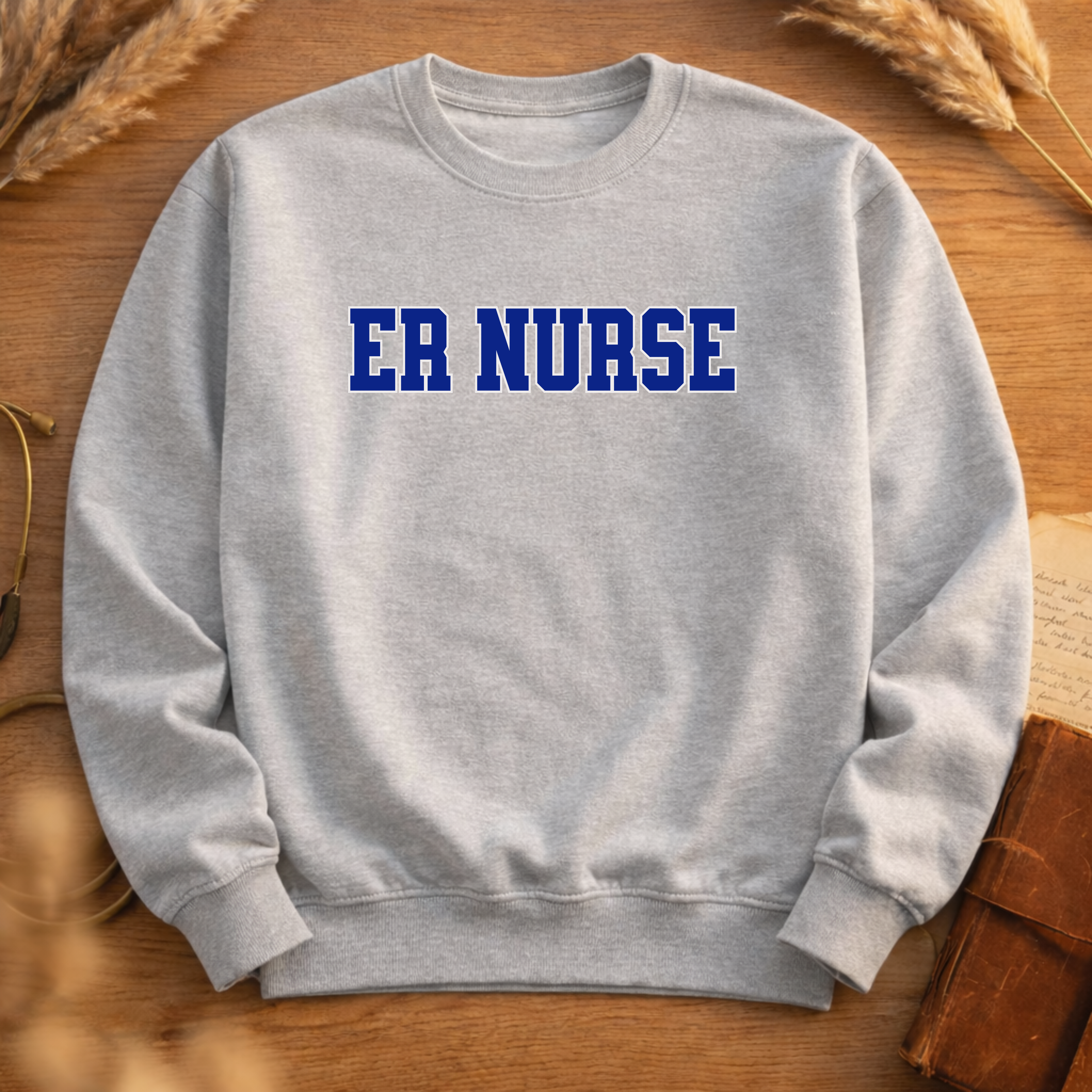 ER Nurse Collegiate Crewneck Sweatshirt — Emergency Nurse Blue & White Typography