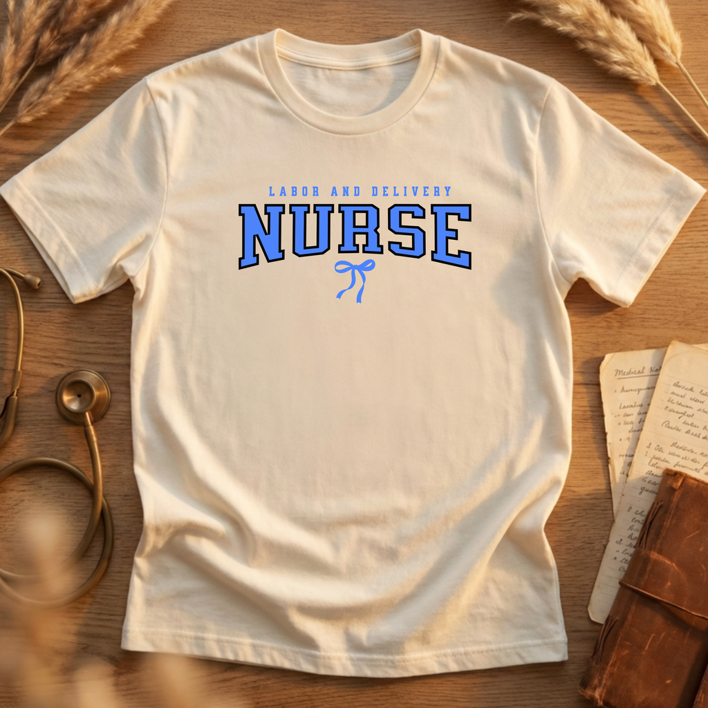 Labor and Delivery Blue Bow Graphic Tee Adult Softstyle T-Shirt