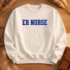 ER Nurse Collegiate Crewneck Sweatshirt — Emergency Nurse Blue & White Typography